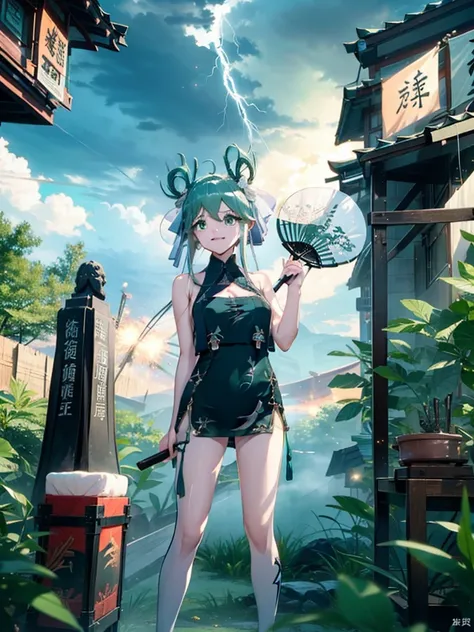 , Standing in front of a dragon statue, Holding a folding fan, Glaze expression, Wearing a green Chinese short dress, Heel, Beautiful Eyes, close, thunder efect, Lightning Particles, Outdoor, masterpiece