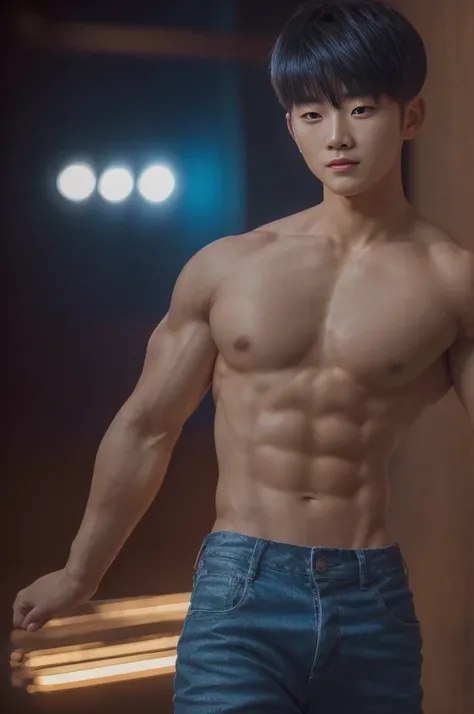 a young korean man, 20 years old, wearing a sexy shirt and pants, dynamic movement pose, big pecs, (best quality,4k,8k,highres,masterpiece:1.2),ultra-detailed,(realistic,photorealistic,photo-realistic:1.37),HDR,UHD,studio lighting,ultra-fine painting,sharp...