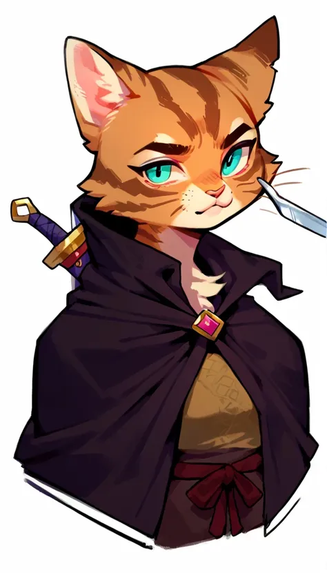 score_9, score_8_up, score_7_up, (sticker, thick lines:1.25), (clear simple background, white background, papyrus background),
((tabaxi), anthro, solo, female, (closeup portrait, focus on face), (have dagger), ((wearing dark robe, cape)), (cat fur)), beaut...