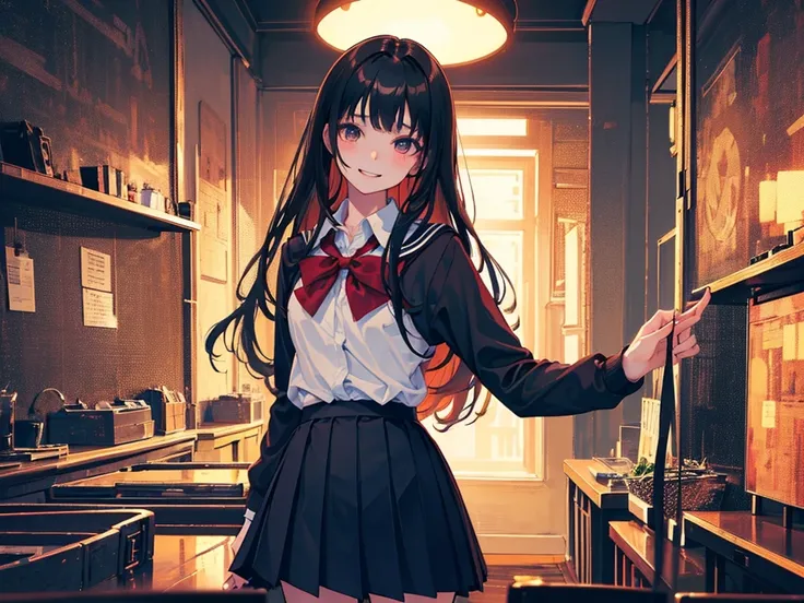 1girl, Standing upright in a classroom in a dark atmosphere at night, (schoolgirl uniform), long black hair,long pleated skirt, spooky smile,spooky light, ((wide shot)), (looking at viewer), 18 years old, ((from front shot))