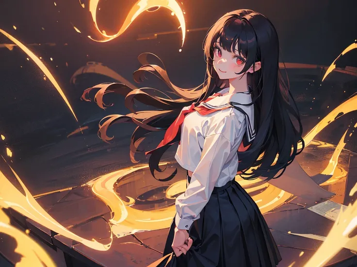 1girl, Standing upright in a classroom in a dark atmosphere at night, (schoolgirl uniform), long black hair,long pleated skirt, spooky smile,spooky light, ((wide shot)), (looking at viewer), 18 years old, ((from front shot))