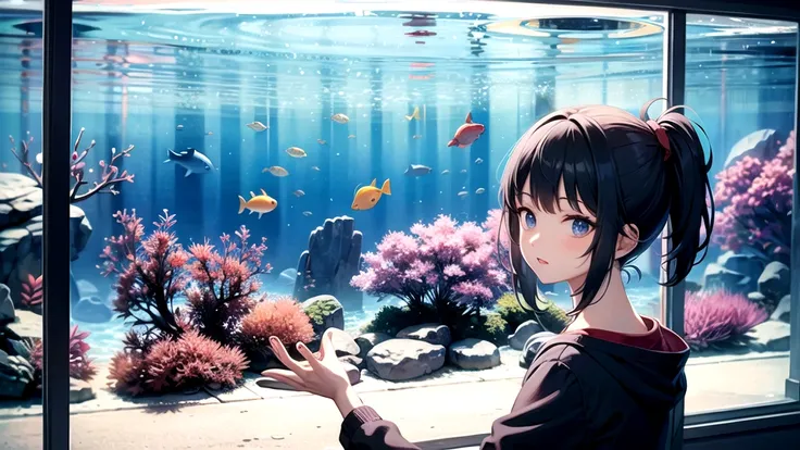 Aquarium view and girl