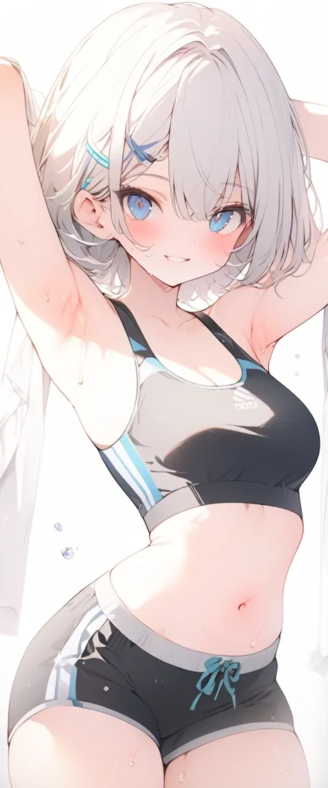 beautiful, masterpiece, Highest quality, anime, One girl, C Cup,Portrait Shot, View your viewers, Covered、Short Hair、nearby、Blue Eyes、art、、White hair,Blue streaked hair、hairpin、Cute smile、Thighs、Cute、Sweat、Sports bra、Shorts、navel、Armpit、ArmpitPeace