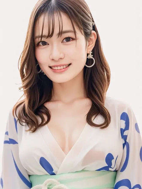 highest quality:1.3, masterpiece, Ultra-high resolution, realistic:1.3, solo:1.3, ((Clear Face)), sidelighting, cowboy shot, (looking at camera:1.3), (white background), (yukata), standing, Showcasing cleavag, arms behind back, (medium chest), smile, long ...