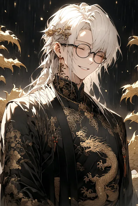 Long white hair, always smile and close the eyes,male,slim,have abs and muscles little, black Chinese long clothes with golden dragon patterns, black dragon tattoos on neck, black rimless glasses on head, black gloves,**close the eyes**,alone,The backgroun...