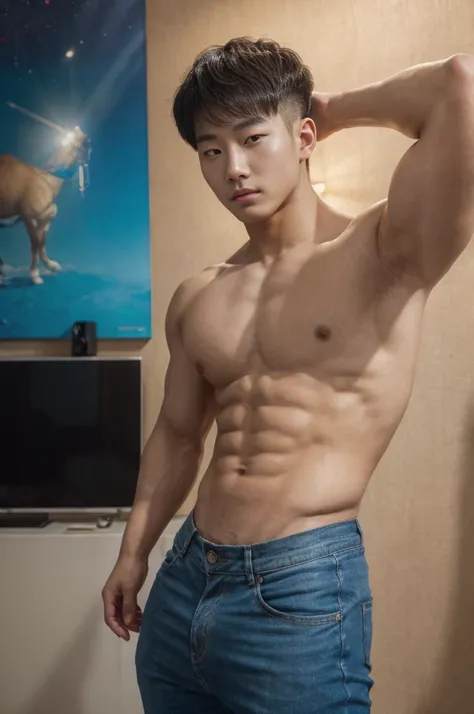 a young korean man, 20 years old, wearing a sexy shirt and pants, dynamic movement pose, big pecs, (best quality,4k,8k,highres,masterpiece:1.2),ultra-detailed,(realistic,photorealistic,photo-realistic:1.37),HDR,UHD,studio lighting,ultra-fine painting,sharp...