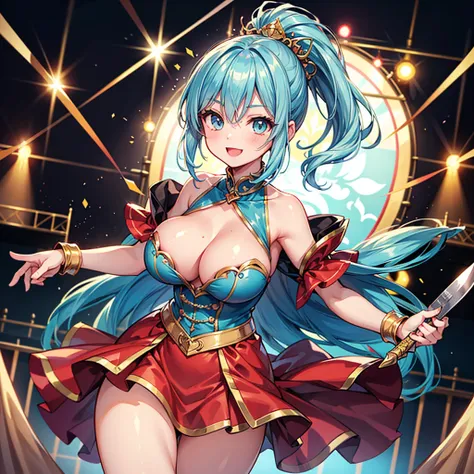 Anime Moe Art Style,Highest quality,High resolution,Anatomically correct,One Girl,Mid-teens,Girl with light blue hair in a ponytail,Very detailed,Fantasy World,Big Breasts,Shiny skin,Beautiful Skin,A rich expression,A big smile,Circus,Stage Costumes,Knife ...