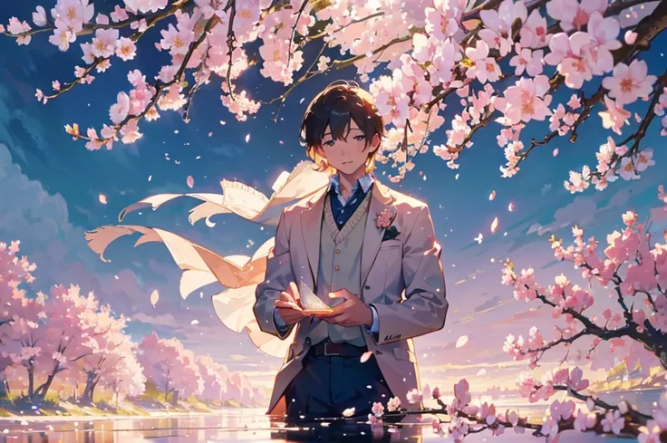 A high-resolution illustration of a fantastic scene with cherry blossoms falling, A beautiful boy appears. Illustrations should evoke a sense of nostalgia and enchantment, Exquisite details and a dreamy atmosphere. From the delicate petals floating in the ...