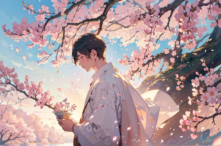 A high-resolution illustration of a fantastic scene with cherry blossoms falling, A beautiful boy appears. Illustrations should evoke a sense of nostalgia and enchantment, Exquisite details and a dreamy atmosphere. From the delicate petals floating in the ...