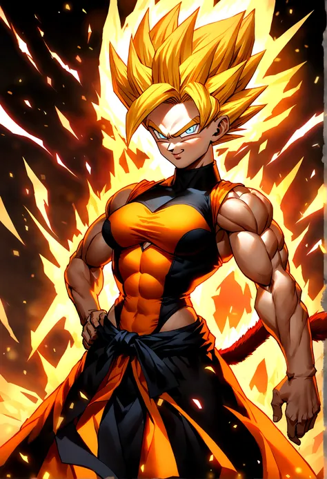 ((Action-filled depiction of Goku in Super Saiyan mode from Dragon Ball)), with bright, (explosive background effects), rendered in the style of Rossdraws and Stanley Artgerm Lau.(((Sexy woman))), sexy bosom, (feminine face), provocative, monkey tail on hi...