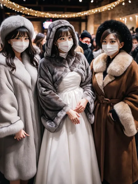 fluffyの毛皮。fluffy。Wedding dressを着た女性たちの写真。Wedding dress、Grey fur cape。Surrounded by fair-skinned adult women。Women wearing fur dresses and veils covering their faces are lined up。Beautiful women in luxurious furs。The dark dungeon of an old stone castle。Fish...