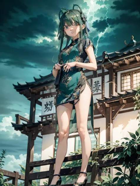 , Standing in front of a dragon statue, Holding a folding fan, Glaze expression, Wearing a green Chinese short dress, Heel, Beautiful Eyes, close, thunder efect, Lightning Particles, Outdoor, masterpiece