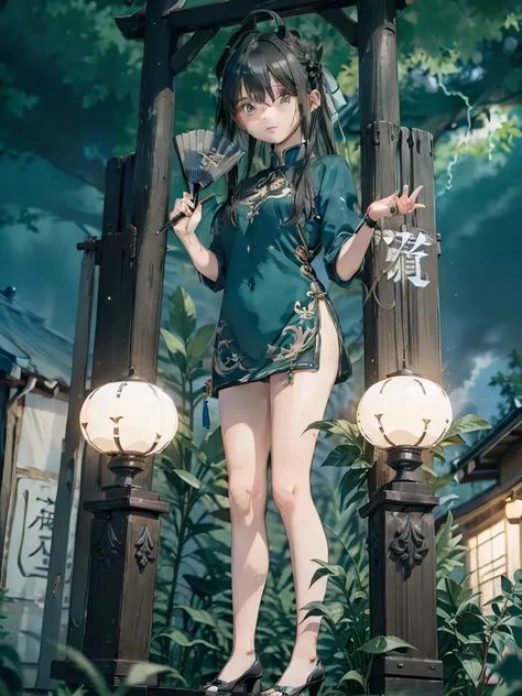 , Standing in front of a dragon statue, Holding a folding fan, Glaze expression, Wearing a green Chinese short dress, Heel, Beautiful Eyes, close, thunder efect, Lightning Particles, Outdoor, masterpiece