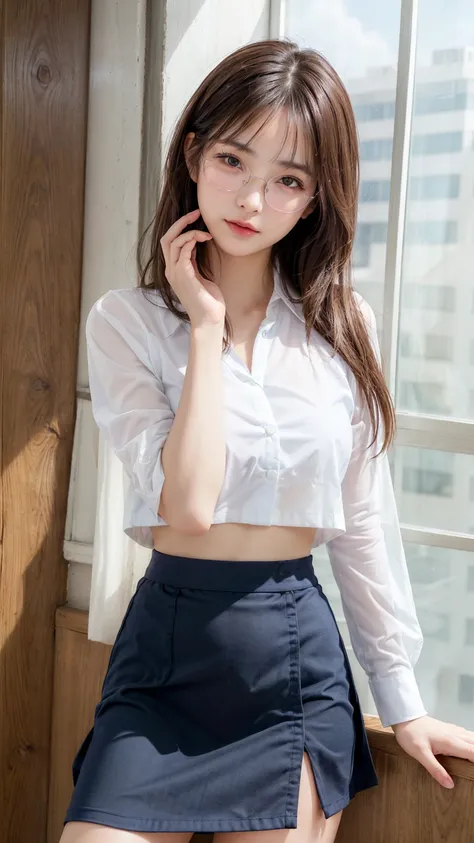 8K, Highest quality, masterpiece, Ultra-high resolution, (Realistic:1.4), whole body、RAW Photos, ((Long brown straight hair, See-through bangs))), Beautiful Details 1 Girl, (Realistic:1.4), High-resolution RAW color photos, Professional photos, Highly deta...