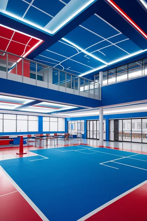 a futuristic school with two divided section which is one for math and tech subject education coloured with blue meanwhile dance and art education coloured with red.