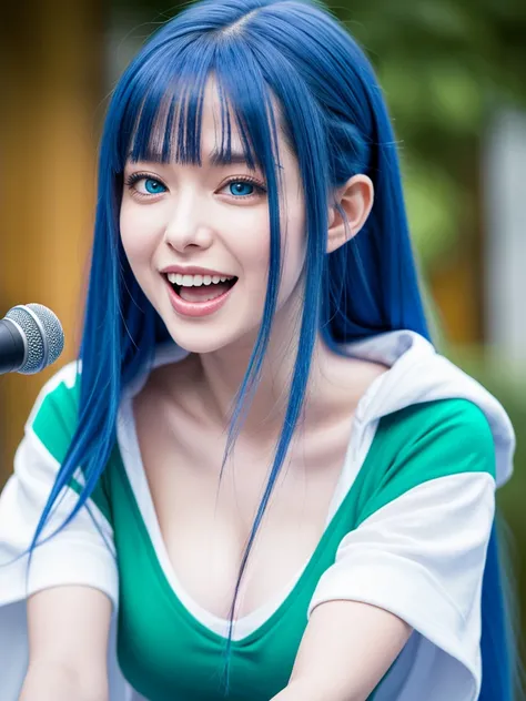 highest quality, Highest quality, masterpiece, Ultra-high resolution, Raw photo, A photo-realistic, smile, 26-year-old woman, (open mouth:1.0), blue hair, long hair, (light hoody:0.8), green eyes, (cleavage:0.5), standing, upper-body, singing:0.5,