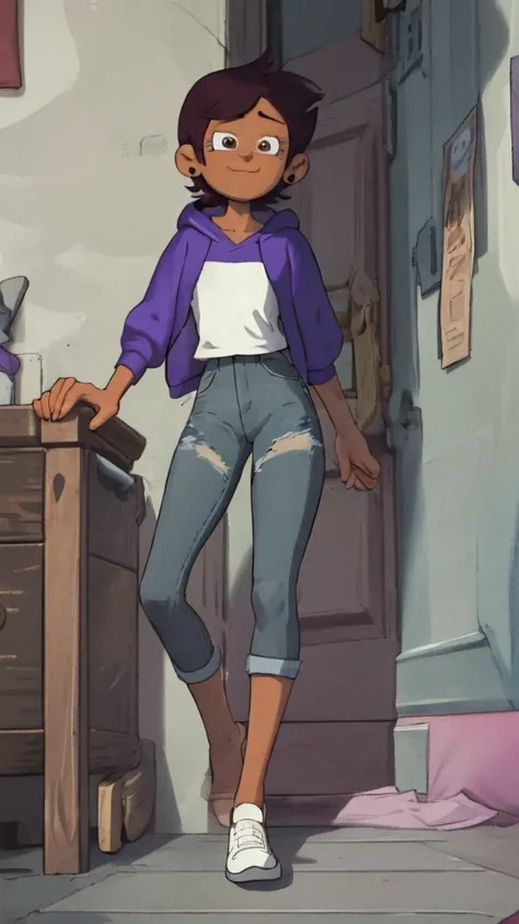 score_9, score_8_up, score_7_up, 1girl, Luz Noceda, brown hair, brown eyes, short hair, dark skin, hoodie, short sleeves, hood down, purple shirt, white shirt, denim shorts, leggings under shorts, black leggings, looking at viewer, smile,