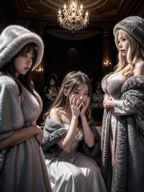 fluffyの毛皮。fluffy。Wedding dressを着た女性たちの写真。Wedding dress、Grey fur cape。Surrounded by fair-skinned adult women。Women wearing fur dresses and veils covering their faces are lined up。Beautiful women in luxurious furs。The dark dungeon of an old stone castle。Fish...