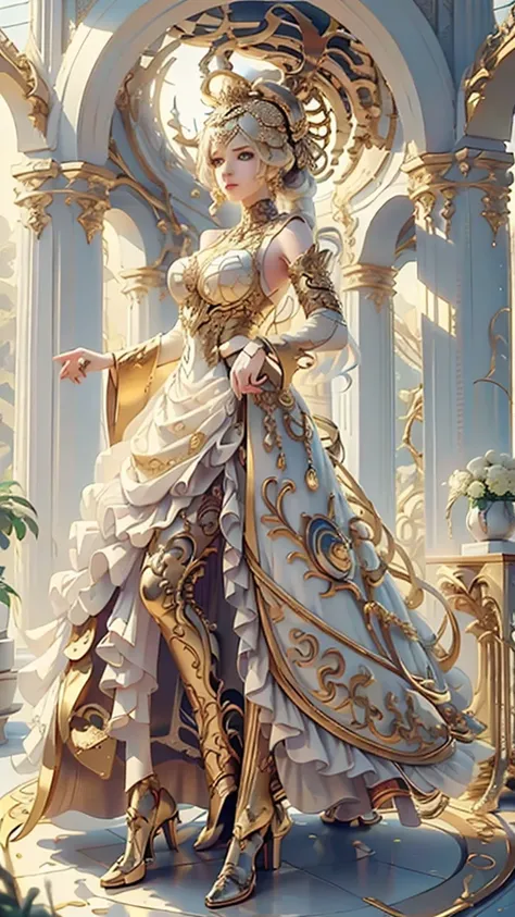 Generate a mesmerizing visual featuring a girl adorned in an exquisite IvoryGold Style ensemble. Her attire combines a rich palette of white and gold hues, creating an opulent and timeless look. Surround her with intricate fractal art patterns that seem to...