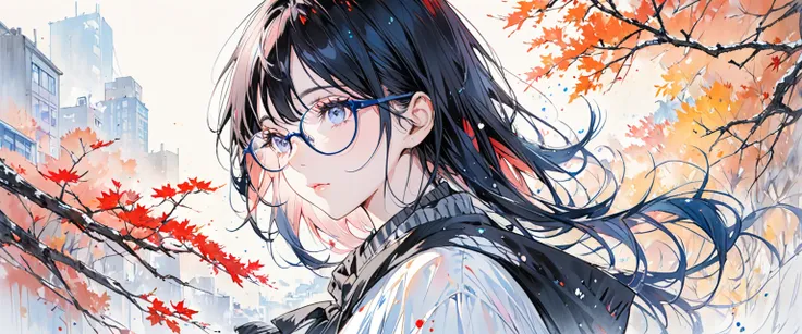 A painting by mse《Woman wearing glasses》，author：agnes cecile, Luminous design, Soft colors, Ink drops, Autumn Lights