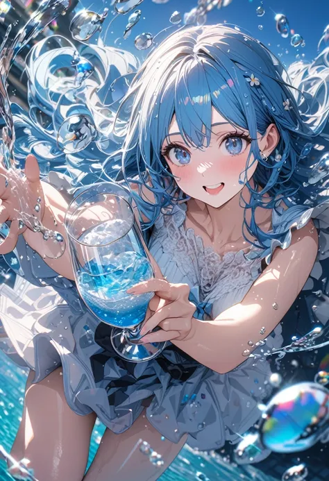 Super detailed, 8K, glass, Water in a glass, Glass Crystals, bubble, Right blue water, nice, bright、Blue Hair Girl、Splash