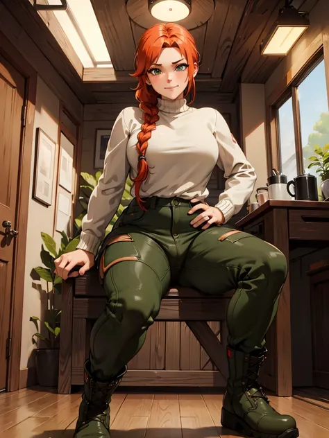 (best quality,4k,8k,highres,masterpiece:1.2),ultra-detailed,realistic:1.37,portrait, anthro very sexy bandicoot  girl lesbian redhead, braided hair, beautiful green eyes, seductive, warm sweater, camouflage pants, army boots, smirking, cozy lighting, vibra...