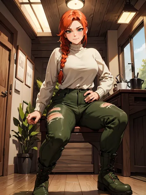 (best quality,4k,8k,highres,masterpiece:1.2),ultra-detailed,realistic:1.37,portrait, anthro very sexy bandicoot  girl lesbian redhead, braided hair, beautiful green eyes, seductive, warm sweater, camouflage pants, army boots, smirking, cozy lighting, vibra...