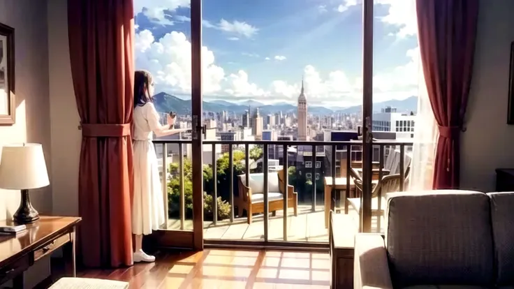 Girl looking at the view from a hotel room