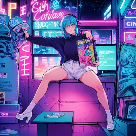 (masterpiece), highest quality, expressive eyes, neon pastel aesthetics, retro 90s, neon color,((girl sitting on sofa,in a cozy ...