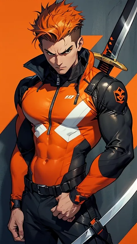 Adult Male, sword wielder, wearing an orange and black accented bodysuit, brown spiky quiff hairstyle, serious, comic design, cool pose, British 