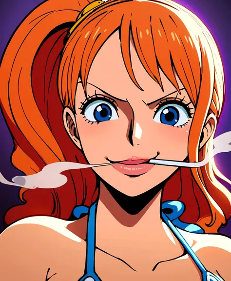 a cartoon picture of a woman in a bikini top and jeans, nami one piece, nami from one piece, nami, beautiful portrait of nami, from one piece, oppai, blue eyes, smoking, ponytail