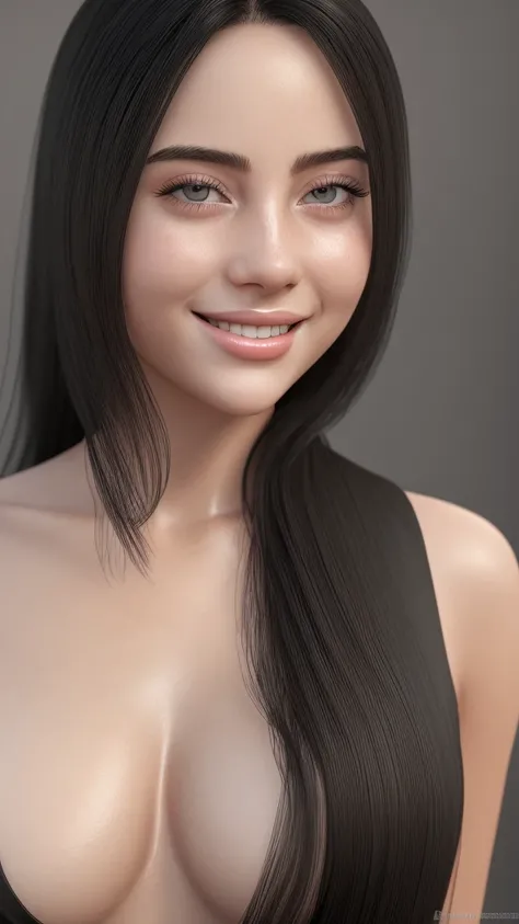 1girl, raw photo, realistic lighting, sharp focus on subject, close up, beautiful (billie), smile, long hair, black hair, detailed face, glossy lips, detailed eyes, realistic skin texture, black dress, skin tight dress, dark background, large breasts,