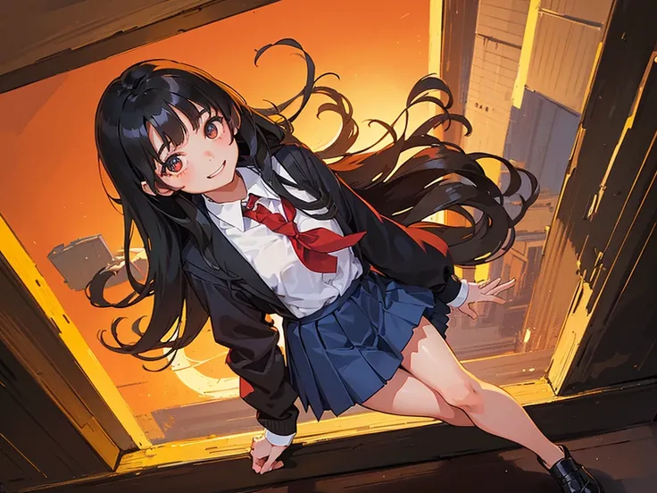 1girl, Standing upright in a classroom in a dark atmosphere in the evening, (schoolgirl uniform), long black hair,long pleated skirt, spooky smile, ((wide shot)), (looking at viewer), 18 years old, ((from front shot))