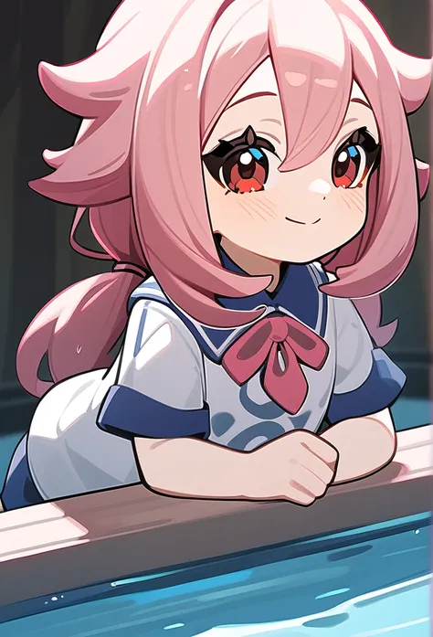 Genshin impact art styles, Pink hair, thick twintails, red eyes, swimming club, smile with lively, Beautiful hot pink accessories and paimons uniform,paimon