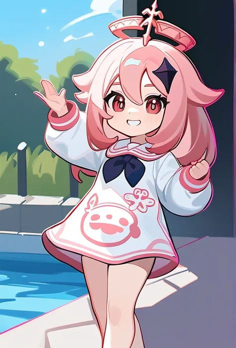 Genshin impact art styles, Pink hair, thick twintails, red eyes, swimming club, smile with lively, Beautiful hot pink accessories and paimons uniform,paimon