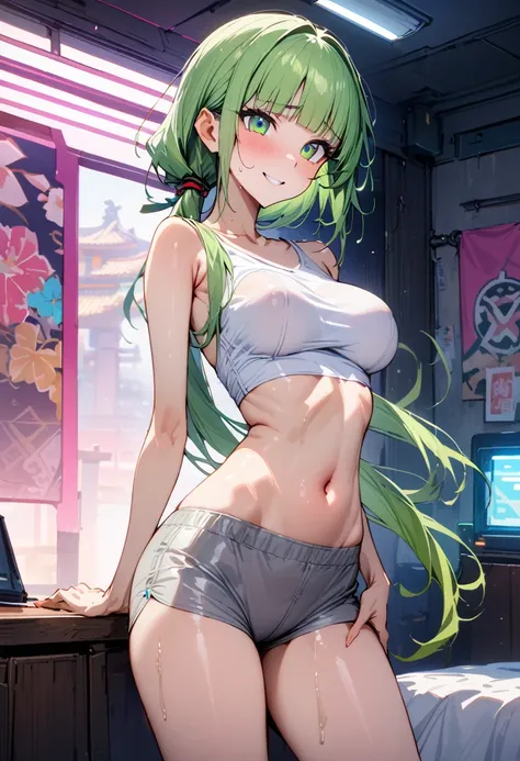 ((masterpiece,Highest quality:1.3)),1woman,30 year old beauty,独奏,(very small head:1.2),green hair,(low ponytail),long hair,blunt bangs,green eyes,gorgeous eyes,shy,smile,medium breasts,(very long body),(toned body,slender body,skinny),gleaming skin,shiny s...