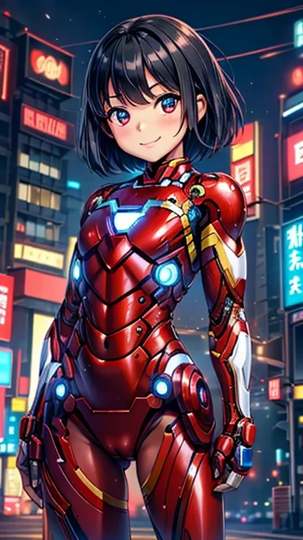 (8k),(masterpiece),(Japanese),(8-year-old girl),((innocent look)),((Childish)),From the front,smile,cute,Innocent,Kind eyes,Flat chest,Hairless vagina, Cameltoe, Iron Man Costume,Short,Black Hair,Strong wind,night,dark, Neon light cyberpunk city