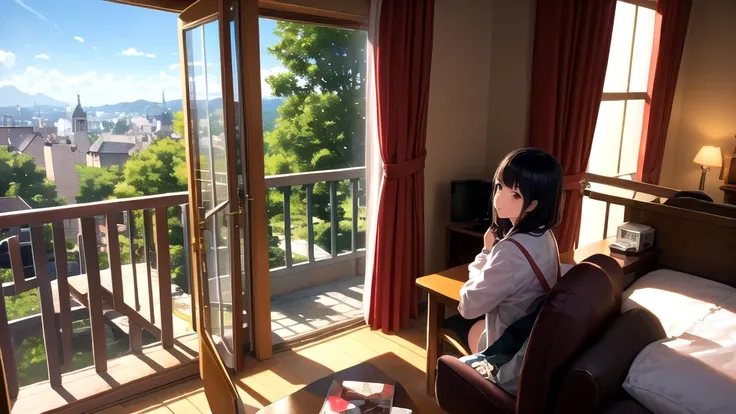 Girl looking at the view from a hotel room