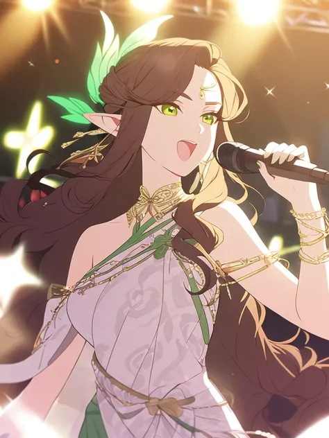 1femboy, beautiful, elven, brown hair, long curly hairstyle, glowing green eyes, concert, singer, elegant, traditional thai costume,