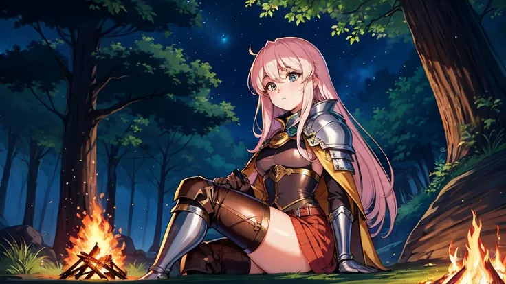 A human female adventurer camping outdoors in a fantasy game world, illustrated in a Japanese anime style. She is sitting by a campfire with long, flowing hair, dressed in detailed medieval-style adventurer clothing with leather armor, a cape, and boots. H...