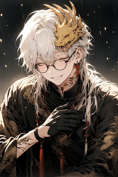 Long white hair, always smile and close the eyes,male,slim,black Chinese long clothes with golden dragon patterns, black dragon tattoos on neck, black rimless glasses on head, black gloves,**close the eyes**,alone,The background have bamboo raining 