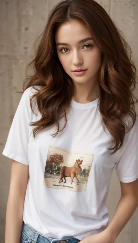 high resolution、Transparency、Woman in Brown Hair、Curly Hair、デニムのショートパンツと白いtシャツを着てキッチンで楽しそうに笑っている