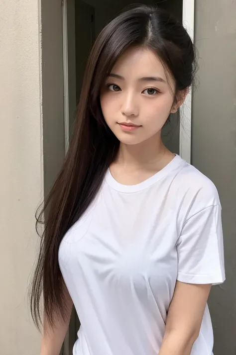 japanese modest female,unkempt and damaged hair,white t-shirt,curvy,ponytail,