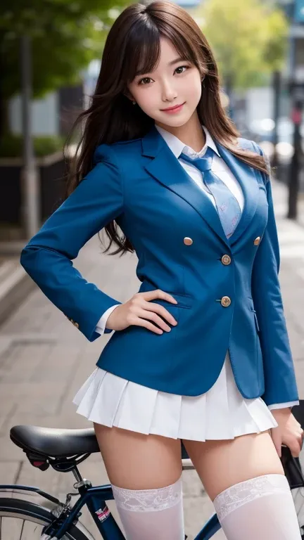 Ultra-high resolution，RAW Photos，Highly detailed skin and face，Highly detailed hair texture，Fine skin，Highly detailed eyes，Highly detailed lips，A Japanese girl riding a bicycle，18-year-old，One leg raised，Blue Blazer Uniform，Blue pleated mini skirt，white th...