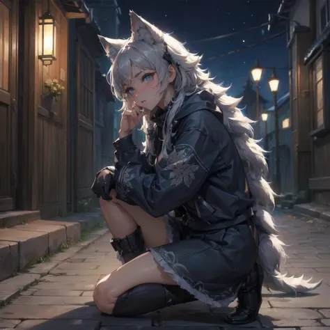  masterpiece, (textured skin), best quality, gorgeous beautiful girl, (a female wolf ears,wolf tail), detailed clothes,large breasts,narrow waist,, (beautiful face), cinematic lighting, (at night ),