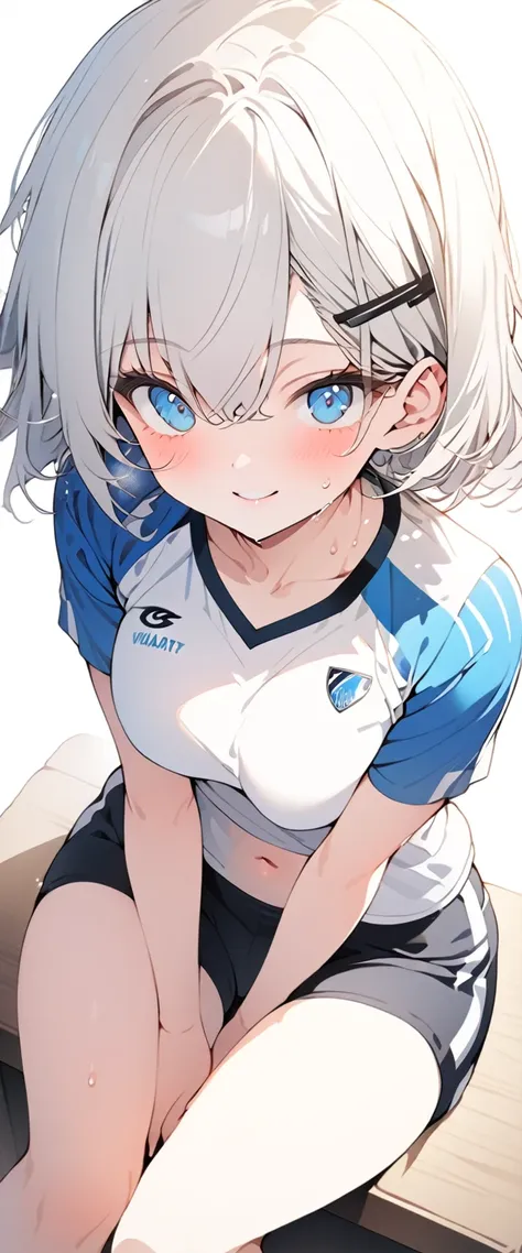 beautiful, masterpiece, Highest quality, anime, One girl, C Cup,Portrait Shot, View your viewers, Covered、Short Hair、nearby、Blue Eyes、art、、White hair,Blue streaked hair、hairpin、Cute smile、Thighs、Cute、Sweat、Volleyball uniform、Shorts、navel、gym、Sitting cross-...