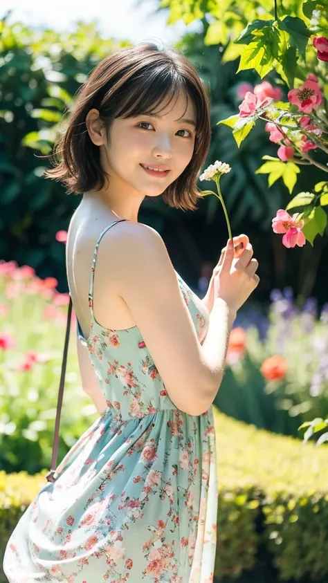 masterpiece, highest quality, disorganized, perfect anatomy, 1 girl, alone, pascal tales, short hair, beautiful, Hilarious, sunny day, botanical garden, Summer winds, sundress, Floral, wavy hair, smile