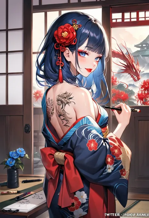 1girl, back tattoo, tattoo, hair ornament, blue eyes, japanese clothes, solo, kimono, flower, hair flower, looking at viewer, black hair, bangs, bare shoulders, looking back, long hair, floral print, sash, off shoulder, holding, from behind, tassel, red fl...