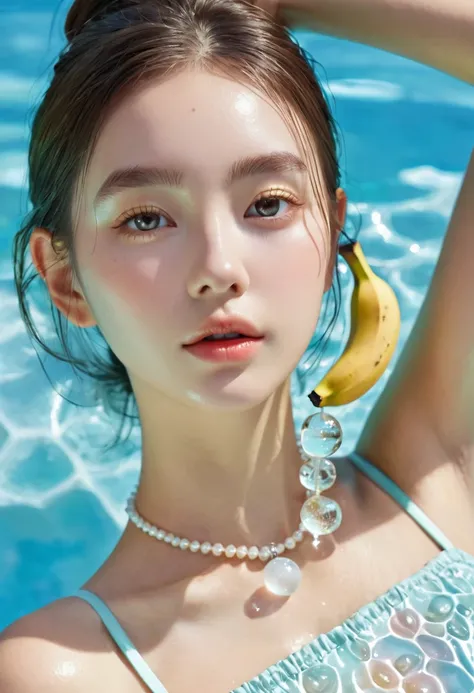 Summer Banana Girl，Dopamine teenage， Cool summer days，Ice cubes，The watery girl，Delicate skin，Hydration，Shiny，Shiny，dream，Front view，bust，pearl，Banana fruit