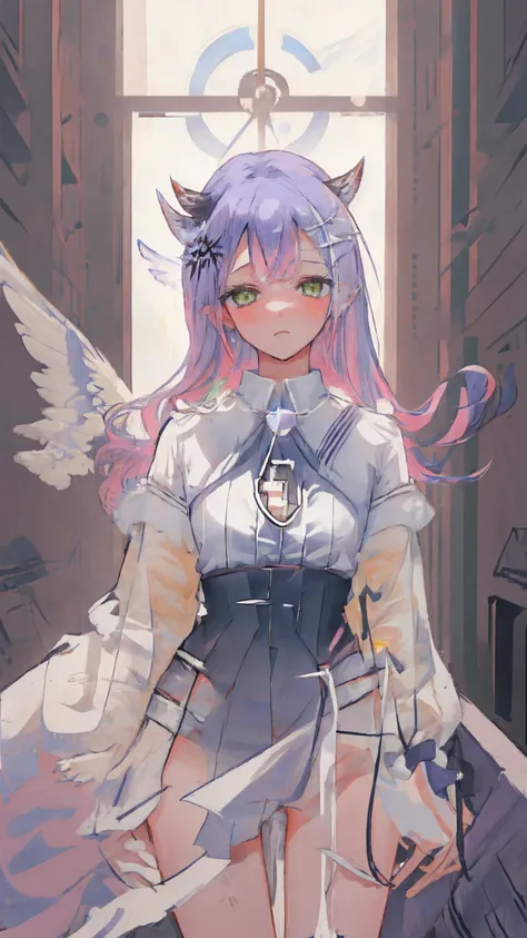 masterpiece, best quality, large breasts, blue eyes, forehead bangs, blue hair, long hair, embarrassed, with angelic wings, (angelic halos:1.2), in a heavenly paradise. flowing white gowns with golden accents and delicate, multiple girls, (1boy:1.2), (pov:...